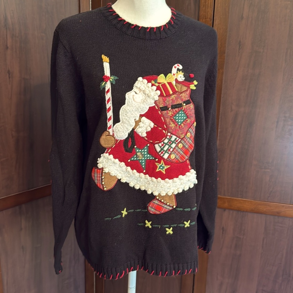 Vintage KIKIT Holiday Sweater Women Black Santa Claus Elbow‎ Patch Crew Neck. LG